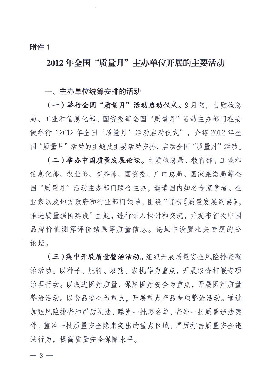 關(guān)于開展2012年全國&ldquo;質(zhì)量月&rdquo;活動的通知